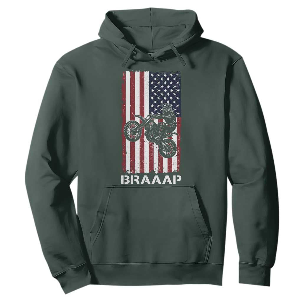 Dirt Bike Hoodie Braaap American Flag Motocross TS14 Dark Forest Green Print Your Wear