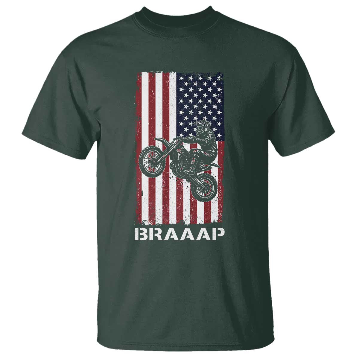 Dirt Bike T Shirt Braaap American Flag Motocross TS14 Dark Forest Green Print Your Wear