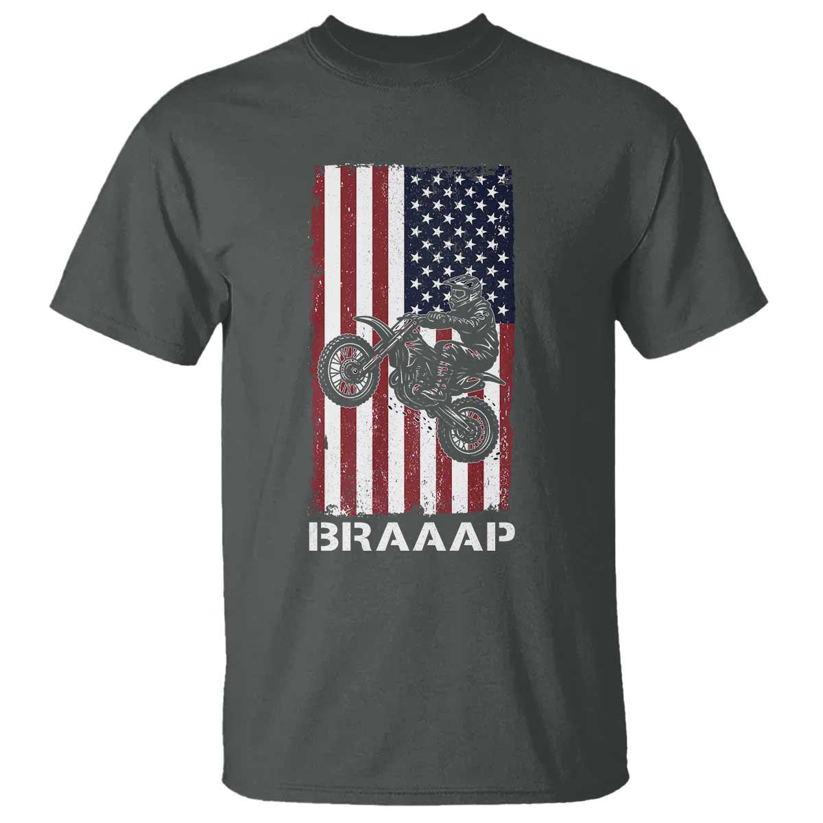 Dirt Bike T Shirt Braaap American Flag Motocross TS14 Dark Heather Print Your Wear