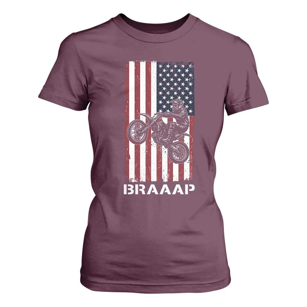 Dirt Bike T Shirt For Women Braaap American Flag Motocross TS14 Maroon Print Your Wear