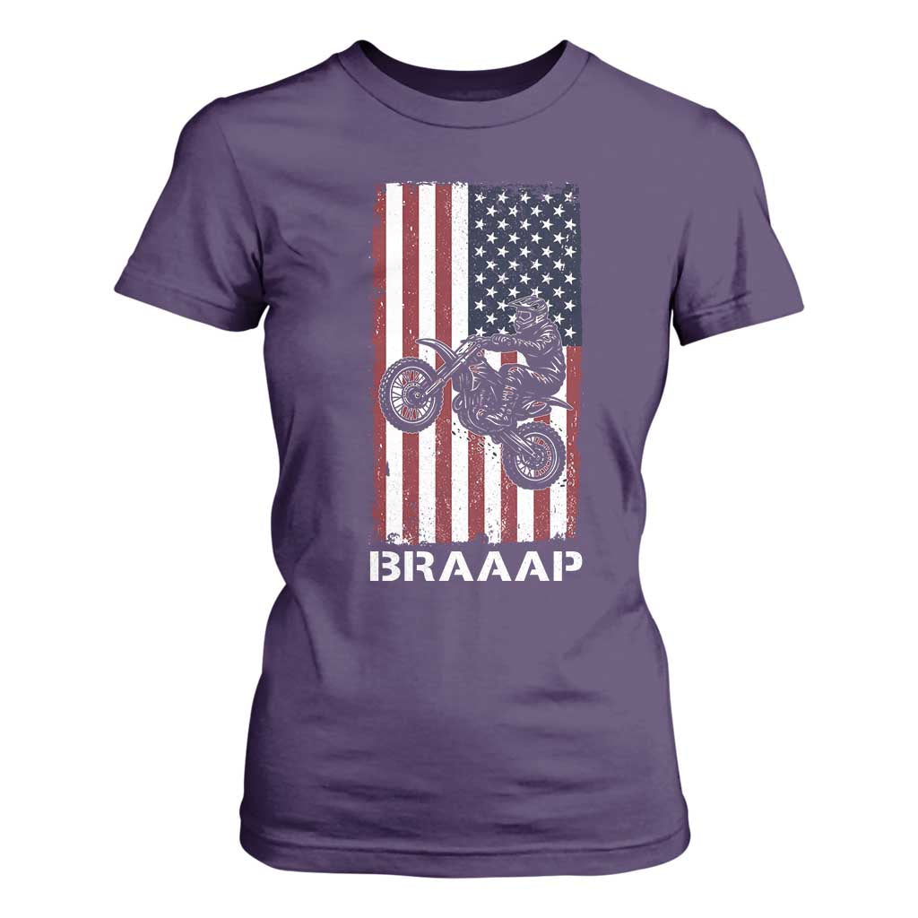 Dirt Bike T Shirt For Women Braaap American Flag Motocross TS14 Purple Print Your Wear