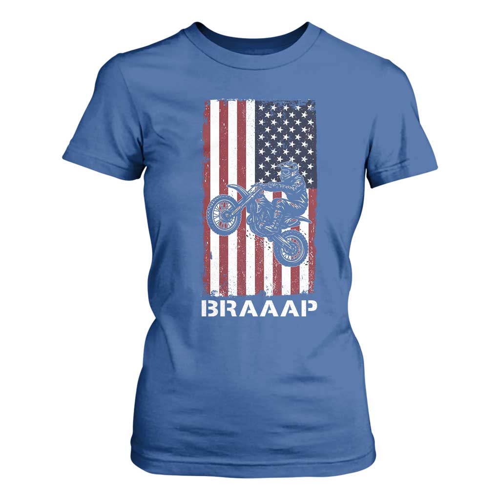 Dirt Bike T Shirt For Women Braaap American Flag Motocross TS14 Royal Blue Print Your Wear