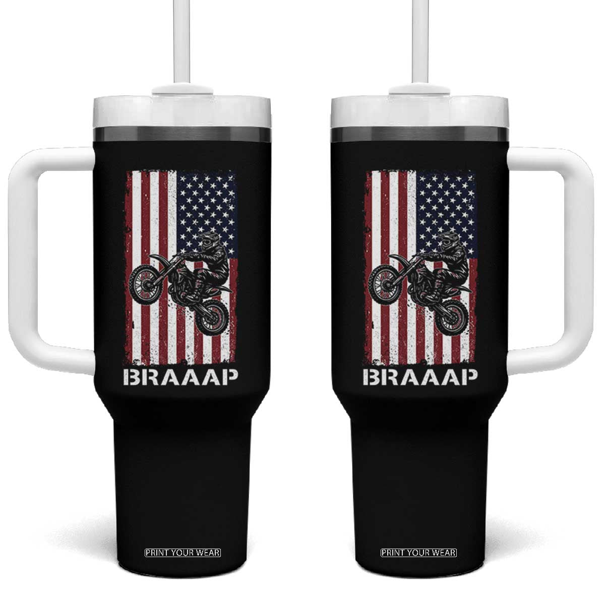 Dirt Bike Tumbler With Handle Braaap American Flag Motocross TS14 One Size: 40 oz Black Print Your Wear