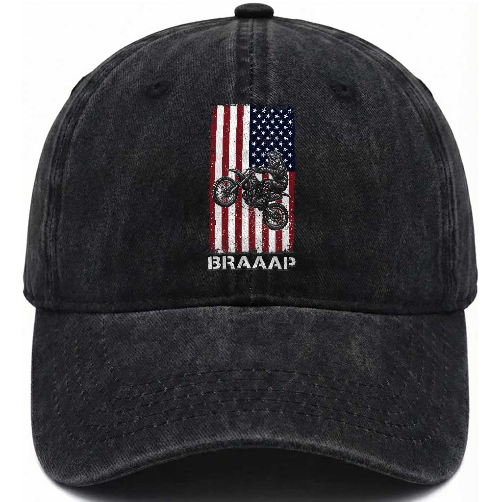 Dirt Bike Washed Cotton Baseball Cap Braaap American Flag Motocross TS14 Washed Cap Universal Fit Black Print Your Wear