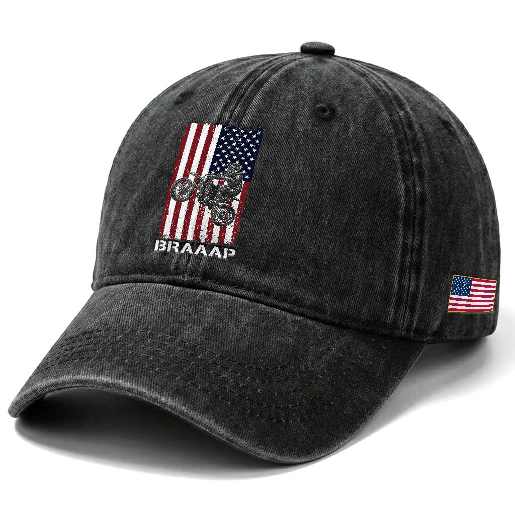 Dirt Bike Washed Cotton Baseball Cap Braaap American Flag Motocross TS14 Print Your Wear