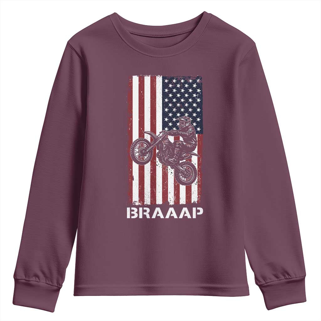 Dirt Bike Youth Sweatshirt Braaap American Flag Motocross TS14 Maroon Print Your Wear