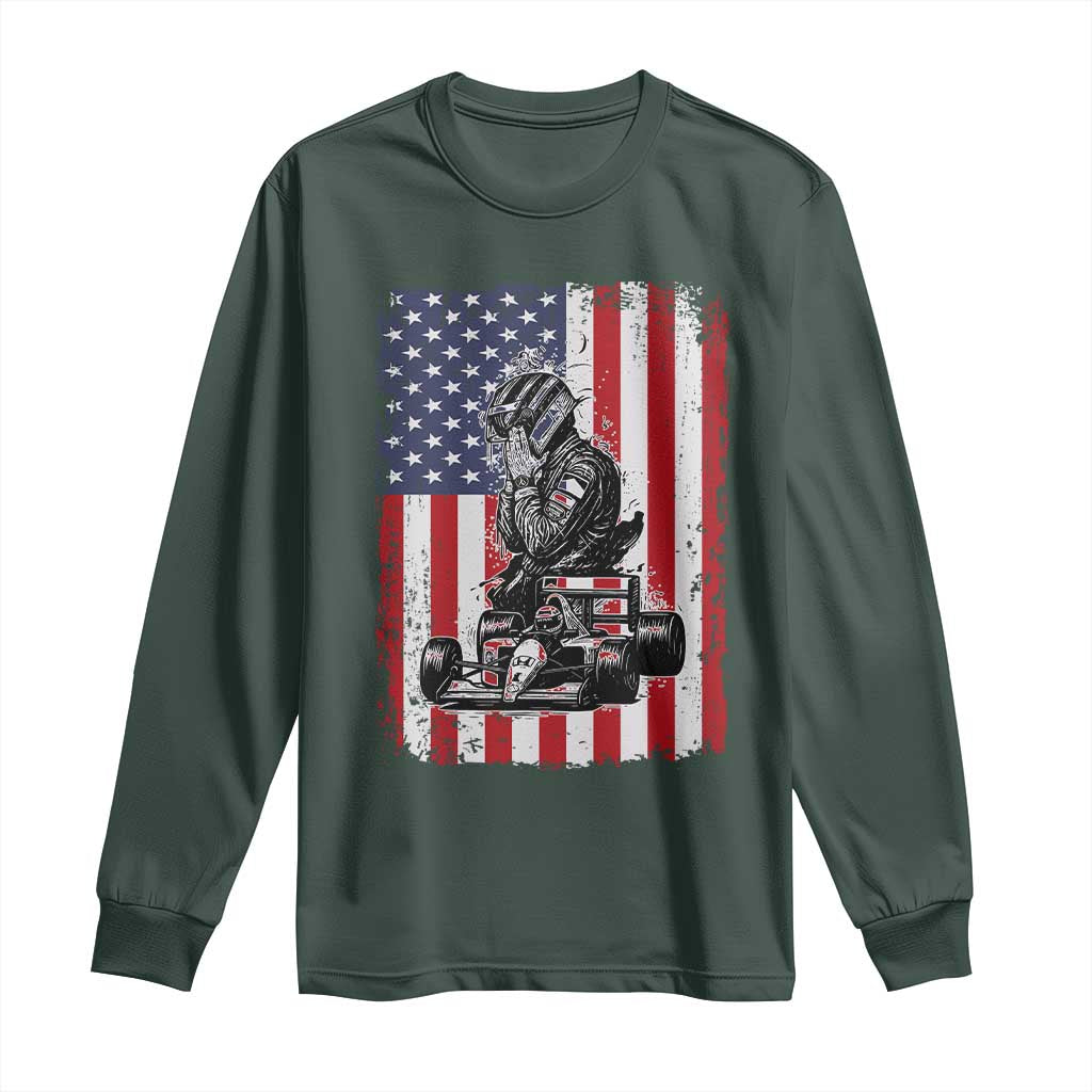 Patriotic Racing Car American Flag Race Long Sleeve Shirt TS14 Dark Forest Green Print Your Wear