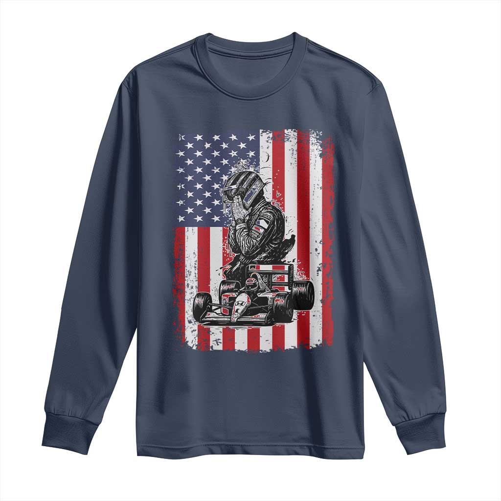 Patriotic Racing Car American Flag Race Long Sleeve Shirt TS14 Navy Print Your Wear