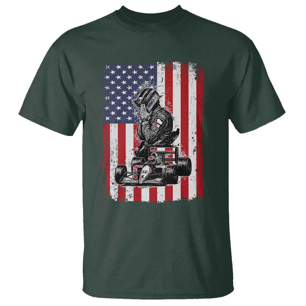 Patriotic Racing Car American Flag Race T Shirt TS14 Dark Forest Green Print Your Wear