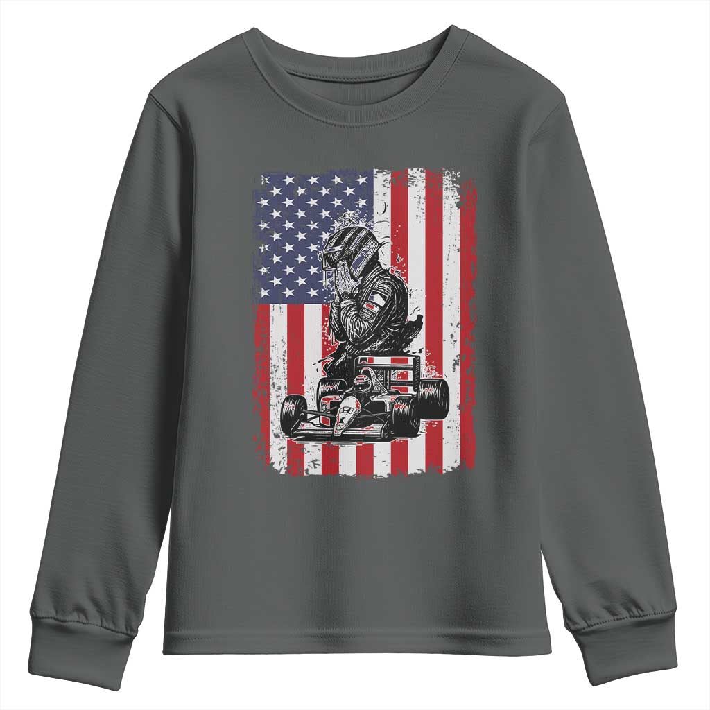 Patriotic Racing Car American Flag Race Youth Sweatshirt TS14 Dark Heather Print Your Wear