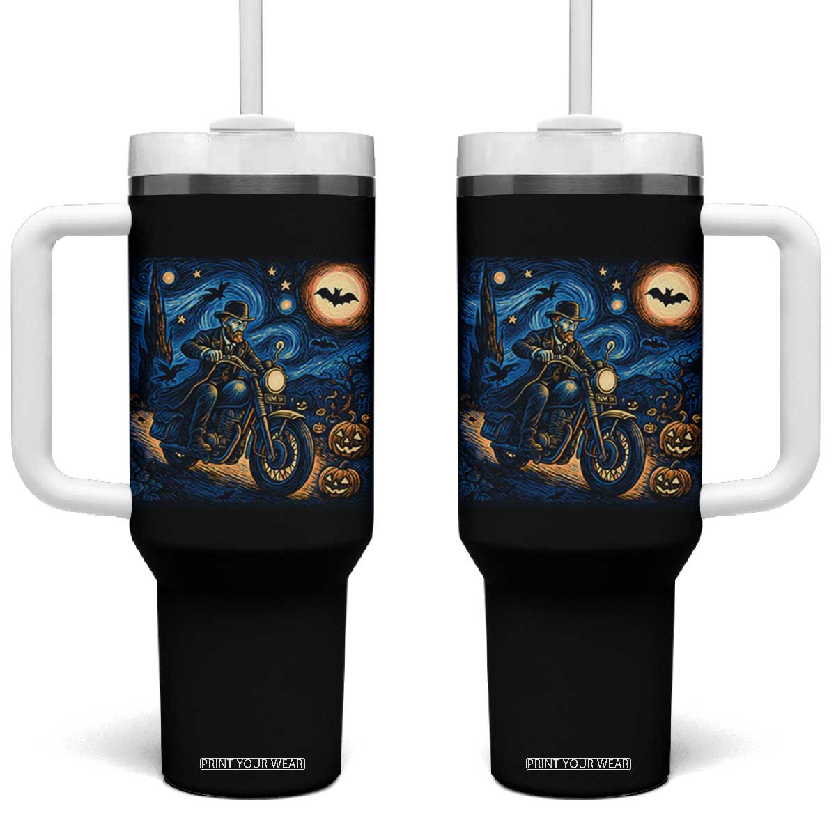 Dirt Bike Tumbler With Handle Van Gogh Starry Night Halloween Biker TS14 One Size: 40 oz Black Print Your Wear