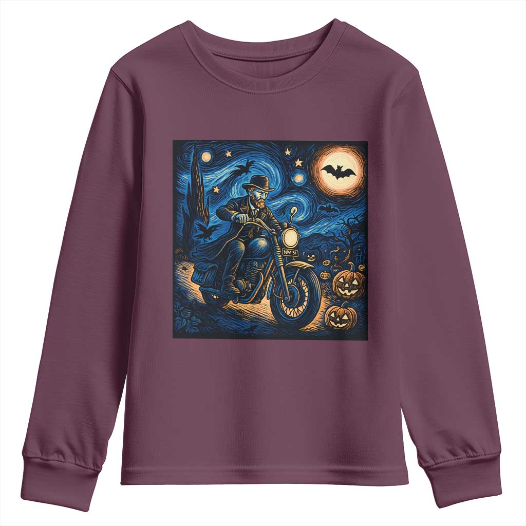 Dirt Bike Youth Sweatshirt Van Gogh Starry Night Halloween Biker TS14 Maroon Print Your Wear