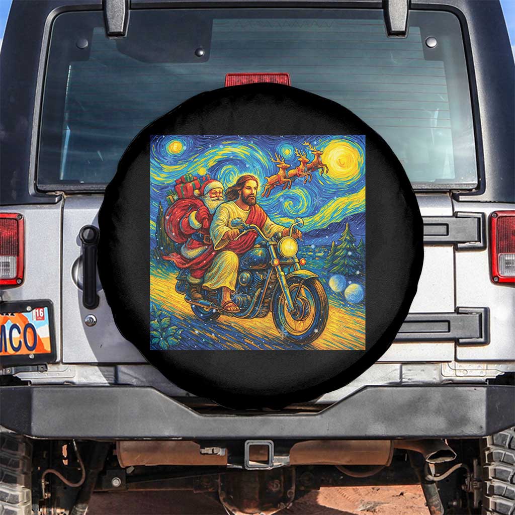 Dirt Bike Motocross Spare Tire Cover Jesus Santa Christmas Starry Night TS14 No hole Black Print Your Wear