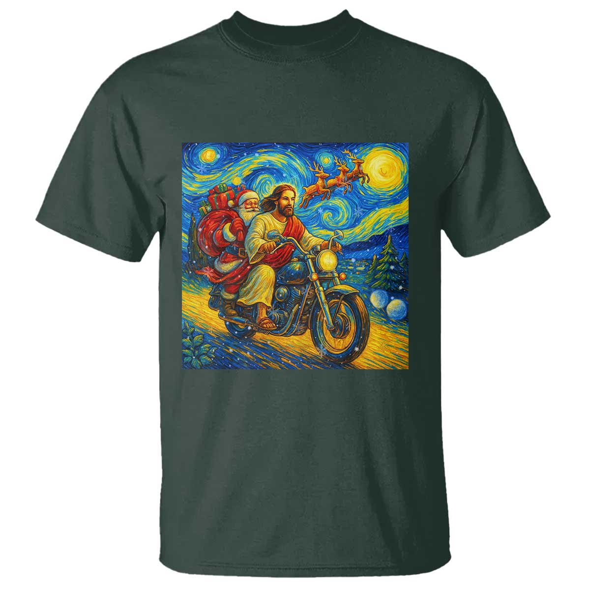 Dirt Bike Motocross T Shirt Jesus Santa Christmas Starry Night TS14 Dark Forest Green Print Your Wear
