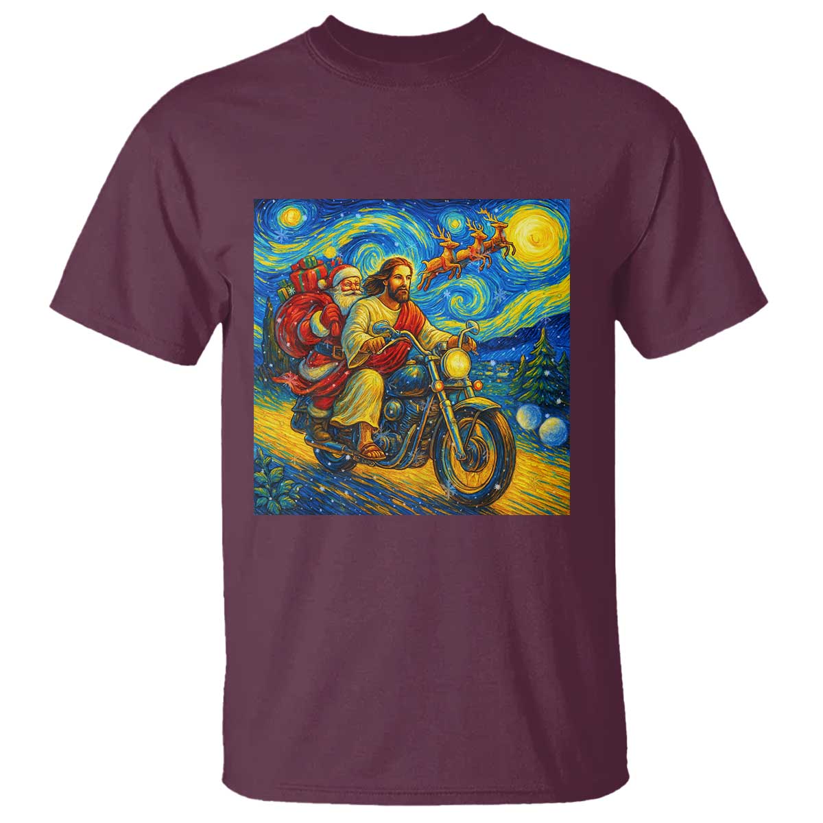 Dirt Bike Motocross T Shirt Jesus Santa Christmas Starry Night TS14 Maroon Print Your Wear