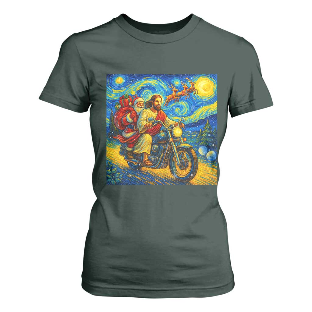 Dirt Bike Motocross T Shirt For Women Jesus Santa Christmas Starry Night TS14 Dark Forest Green Print Your Wear