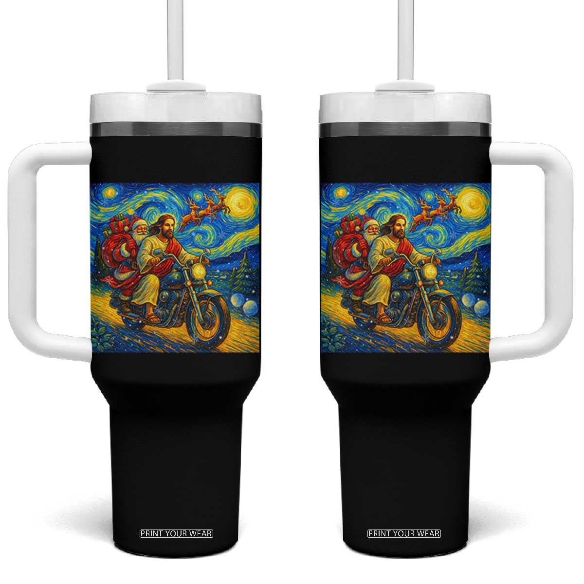Dirt Bike Motocross Tumbler With Handle Jesus Santa Christmas Starry Night TS14 One Size: 40 oz Black Print Your Wear