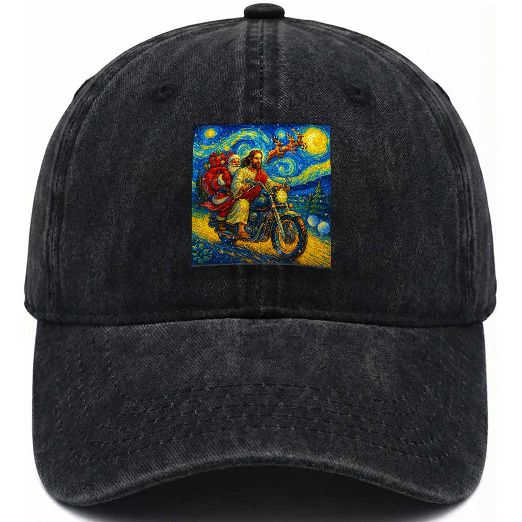 Dirt Bike Motocross Washed Cotton Baseball Cap Jesus Santa Christmas Starry Night TS14 Washed Cap Universal Fit Black Print Your Wear