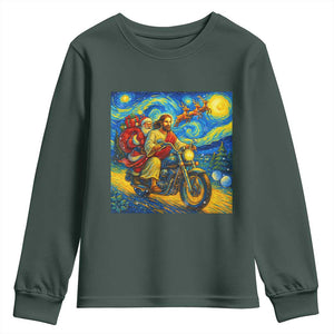 Dirt Bike Motocross Youth Sweatshirt Jesus Santa Christmas Starry Night TS14 Dark Forest Green Print Your Wear
