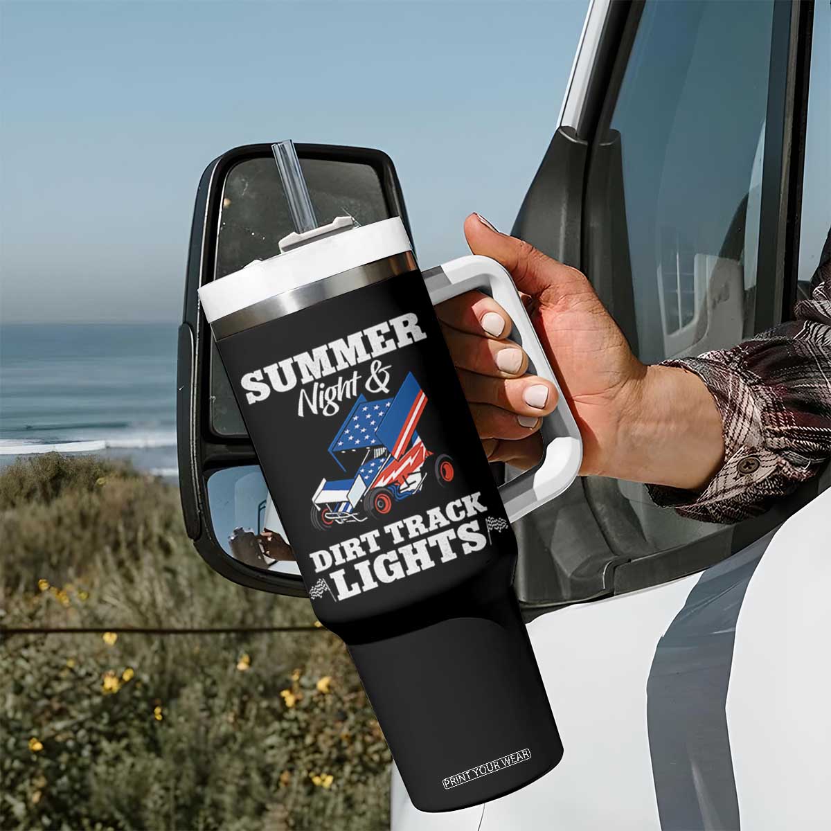 Sprint Car Racing Tumbler With Handle Summer Nights And Dirt Track Lights TS14 Print Your Wear