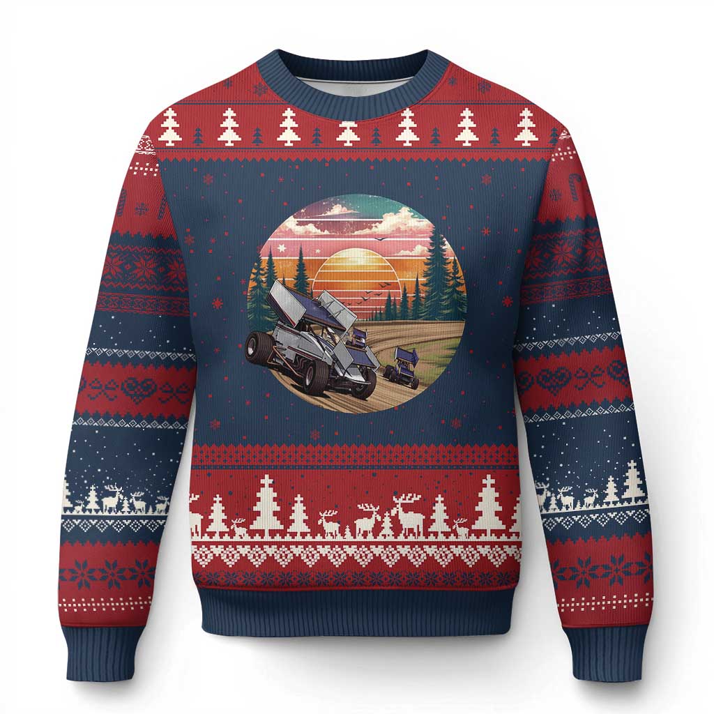 Sprint Car Dirt Track Racing Sunset Motorsports Ugly Christmas Sweater TS14 Navy Red Print Your Wear