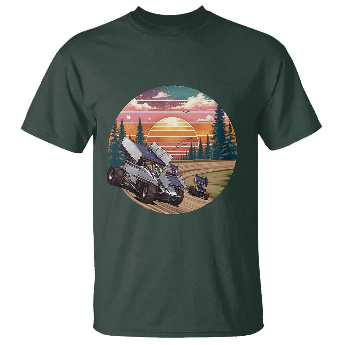 Sprint Car Dirt Track Racing Sunset Motorsports T Shirt TS14 Dark Forest Green Print Your Wear
