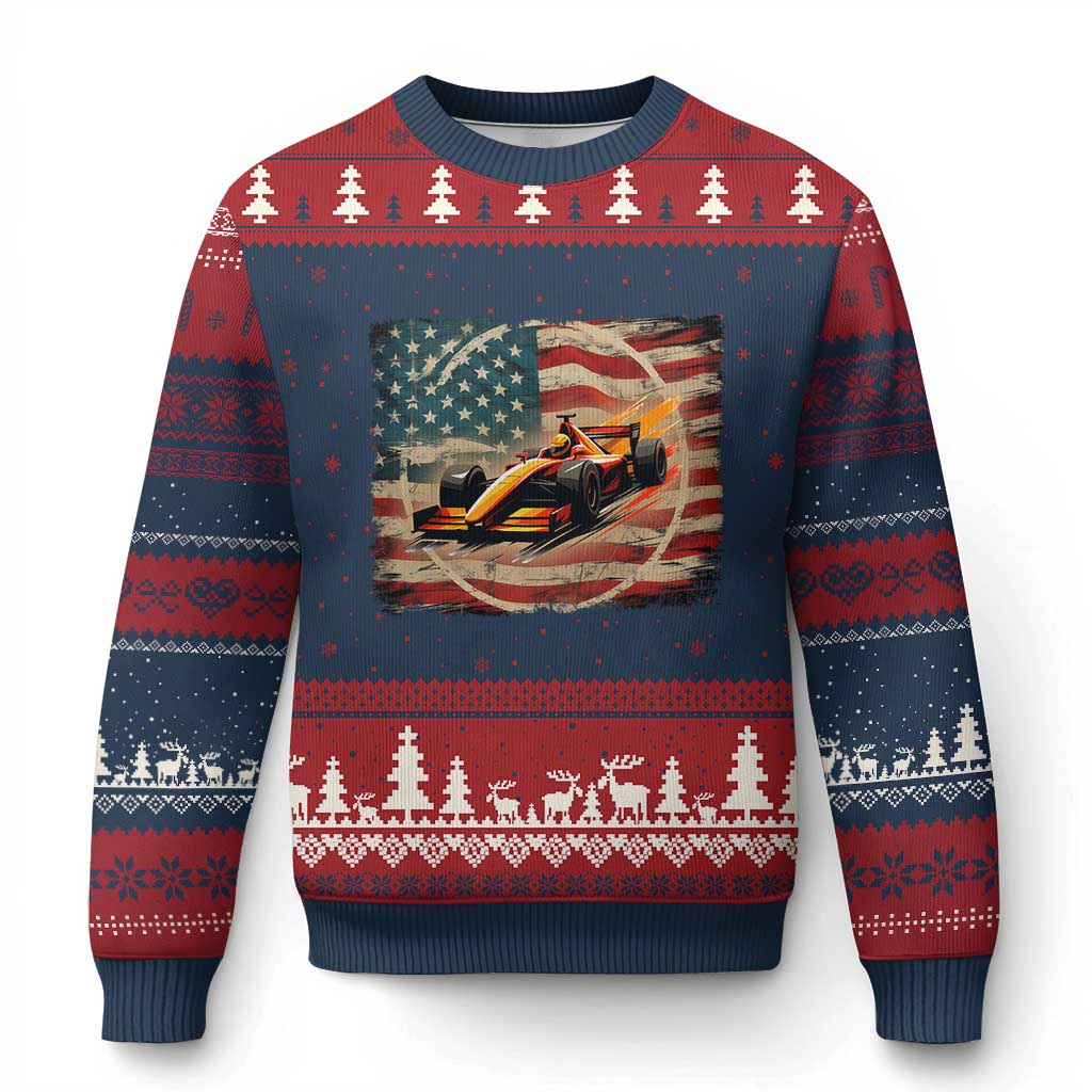 Racing Car Ugly Christmas Sweater Patriotic American Flag Race TS14 Navy Red Print Your Wear