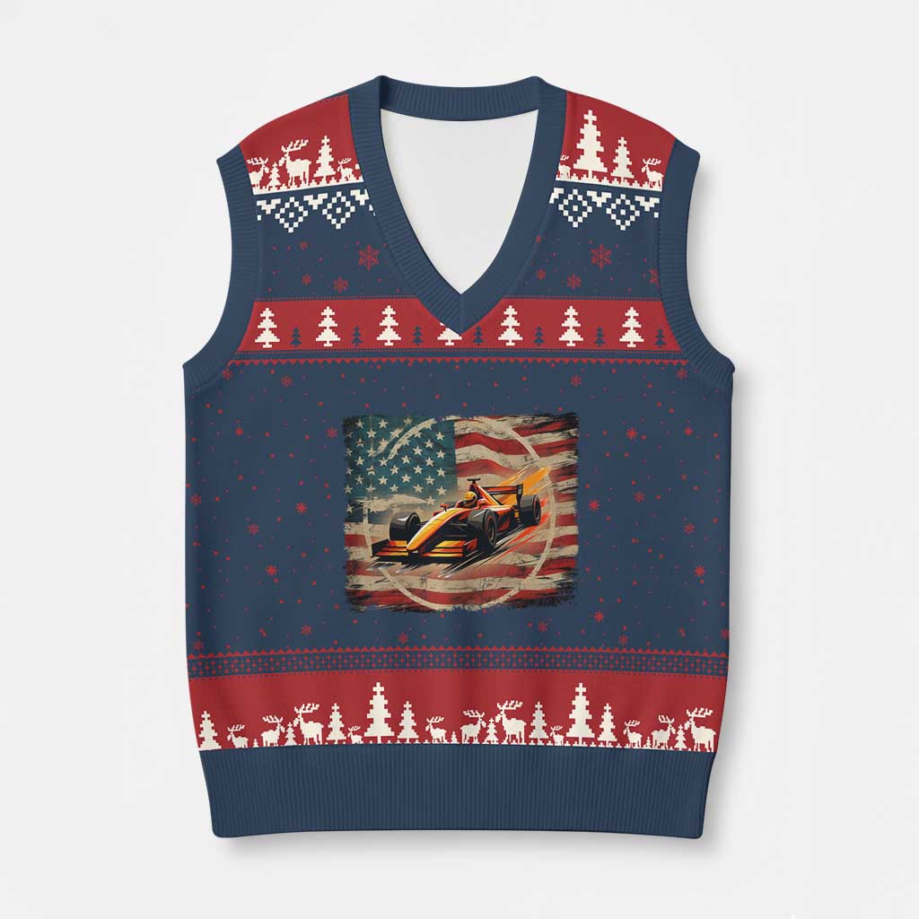 Racing Car V-Neck Knit Sweater Vest Patriotic American Flag Race TS14 Navy Red Print Your Wear