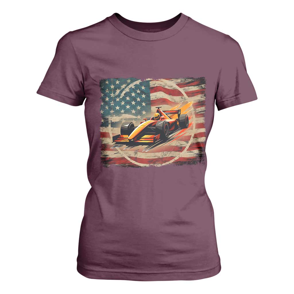 Racing Car T Shirt For Women Patriotic American Flag Race TS14 Maroon Print Your Wear