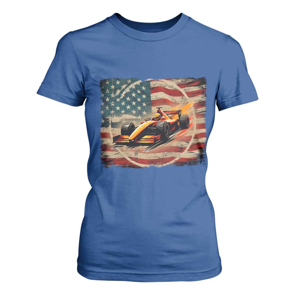 Racing Car T Shirt For Women Patriotic American Flag Race TS14 Royal Blue Print Your Wear