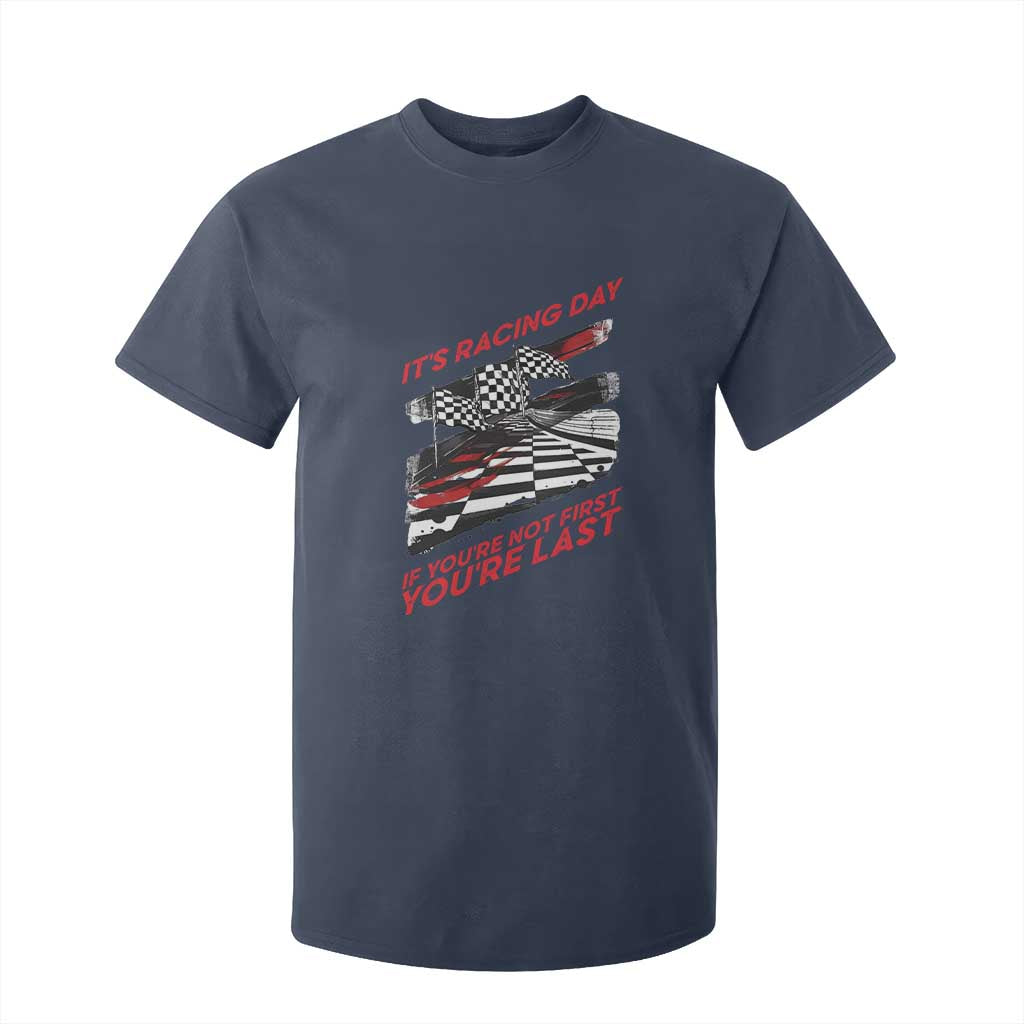 Funny Racing Car Flag T Shirt For Kid It Is Racing Day TS14 Navy Print Your Wear