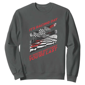 Funny Racing Car Flag Sweatshirt It Is Racing Day TS14 Dark Heather Print Your Wear