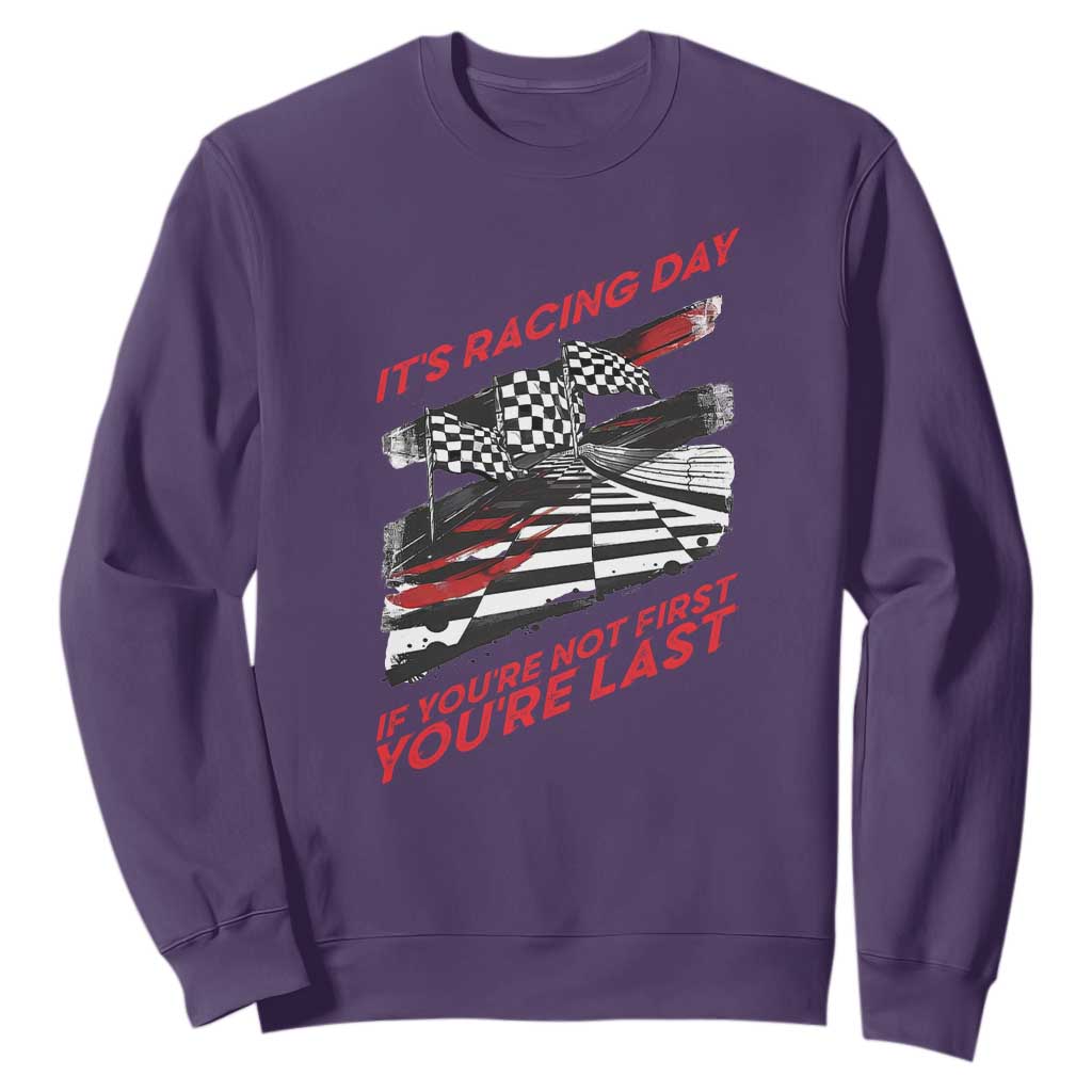 Funny Racing Car Flag Sweatshirt It Is Racing Day TS14 Purple Print Your Wear