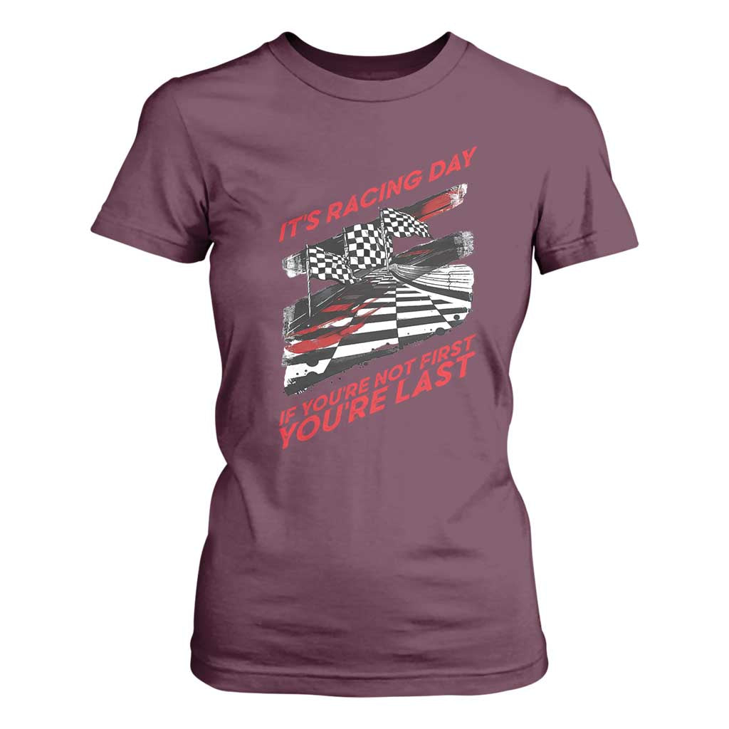Funny Racing Car Flag T Shirt For Women It Is Racing Day TS14 Maroon Print Your Wear