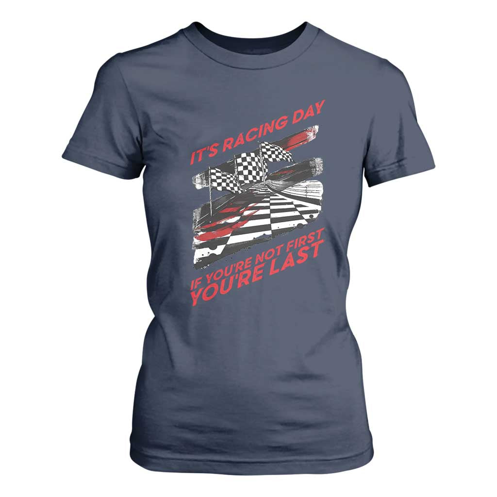 Funny Racing Car Flag T Shirt For Women It Is Racing Day TS14 Navy Print Your Wear