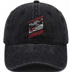 Funny Racing Car Flag Washed Cotton Baseball Cap It Is Racing Day TS14 Washed Cap Universal Fit Black Print Your Wear