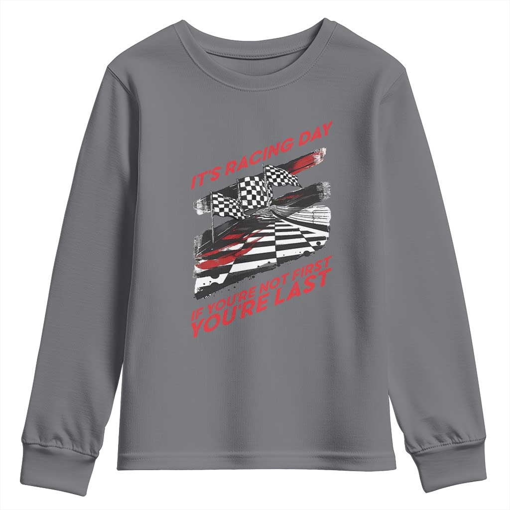 Funny Racing Car Flag Youth Sweatshirt It Is Racing Day TS14 Charcoal Print Your Wear