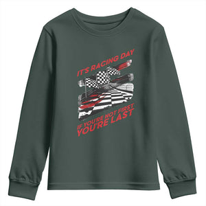 Funny Racing Car Flag Youth Sweatshirt It Is Racing Day TS14 Dark Forest Green Print Your Wear