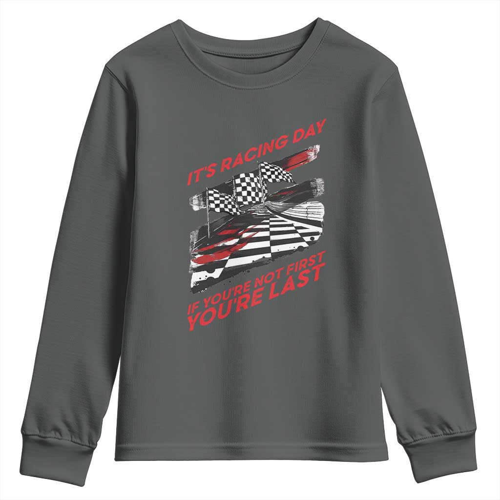 Funny Racing Car Flag Youth Sweatshirt It Is Racing Day TS14 Dark Heather Print Your Wear
