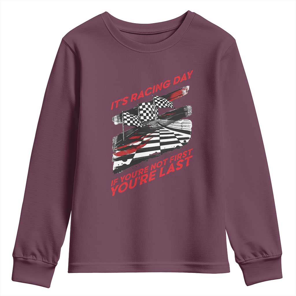 Funny Racing Car Flag Youth Sweatshirt It Is Racing Day TS14 Maroon Print Your Wear