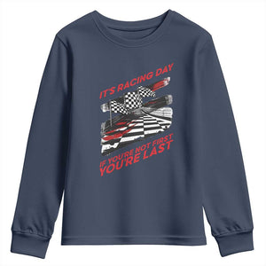 Funny Racing Car Flag Youth Sweatshirt It Is Racing Day TS14 Navy Print Your Wear