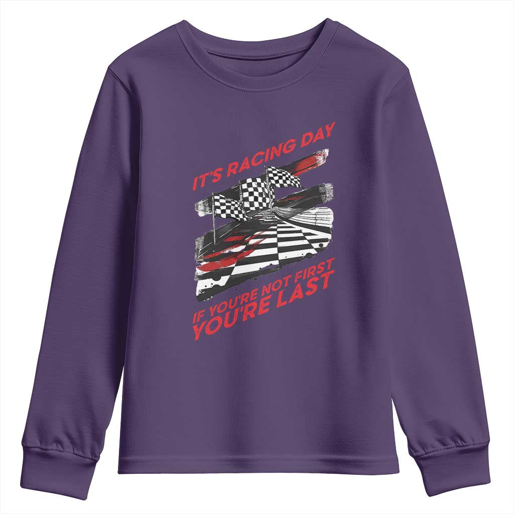 Funny Racing Car Flag Youth Sweatshirt It Is Racing Day TS14 Purple Print Your Wear