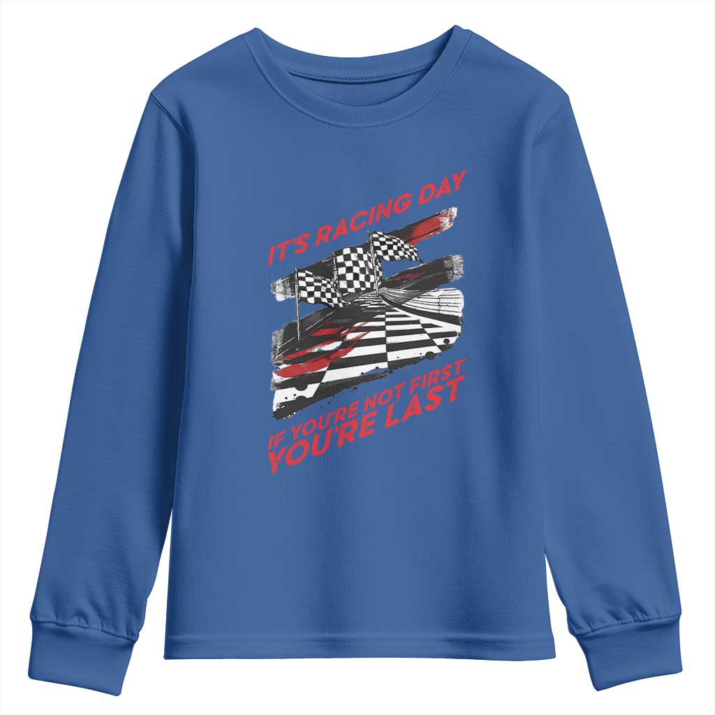 Funny Racing Car Flag Youth Sweatshirt It Is Racing Day TS14 Royal Blue Print Your Wear
