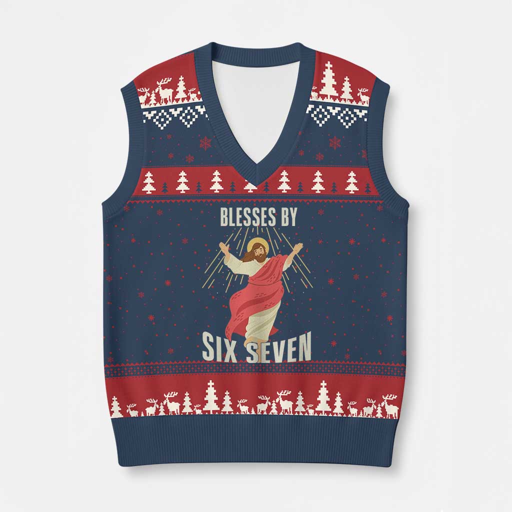 Christian 67 Meme V-Neck Knit Sweater Vest Blesses By Six Seven Funny TS14 Navy Red Print Your Wear