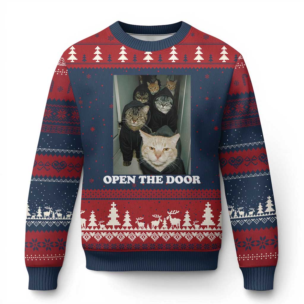 Open The Door Cats Lover Ugly Christmas Sweater Funny Cat Gang Sarcastic Meme TS14 Navy Red Print Your Wear