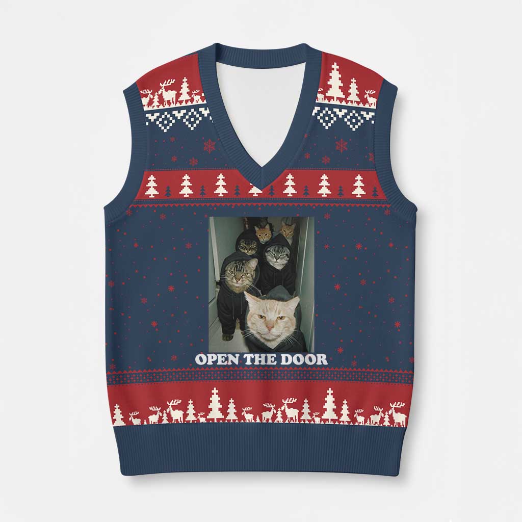 Open The Door Cats Lover V-Neck Knit Sweater Vest Funny Cat Gang Sarcastic Meme TS14 Navy Red Print Your Wear