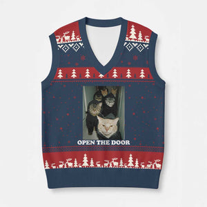 Open The Door Cats Lover V-Neck Knit Sweater Vest Funny Cat Gang Sarcastic Meme TS14 Navy Red Print Your Wear