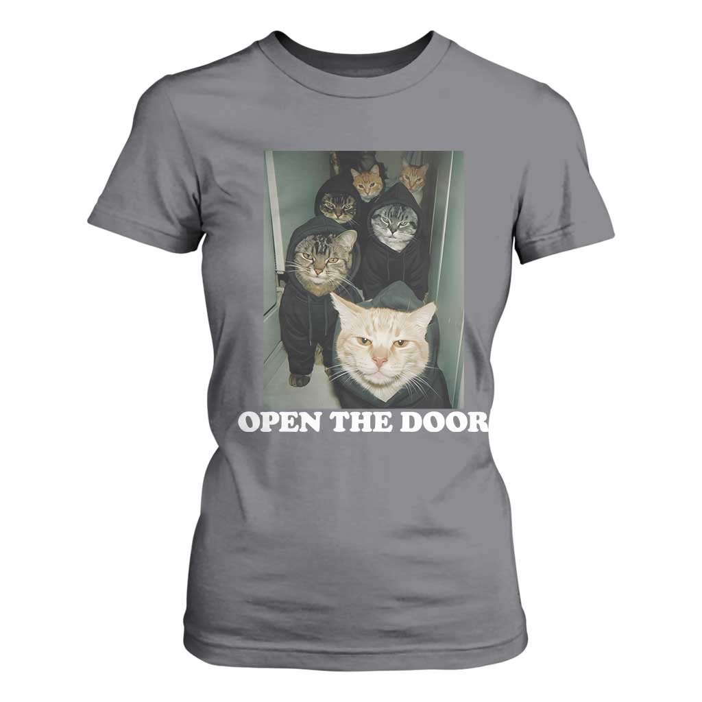 Open The Door Cats Lover T Shirt For Women Funny Cat Gang Sarcastic Meme TS14 Charcoal Print Your Wear