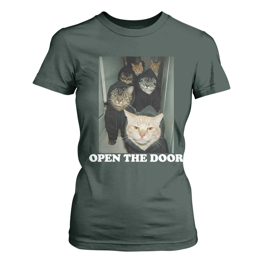 Open The Door Cats Lover T Shirt For Women Funny Cat Gang Sarcastic Meme TS14 Dark Forest Green Print Your Wear