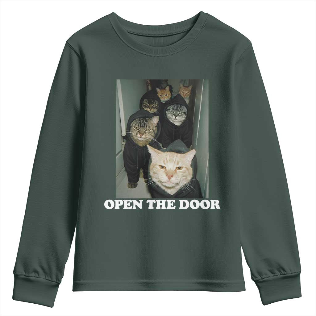 Open The Door Cats Lover Youth Sweatshirt Funny Cat Gang Sarcastic Meme TS14 Dark Forest Green Print Your Wear